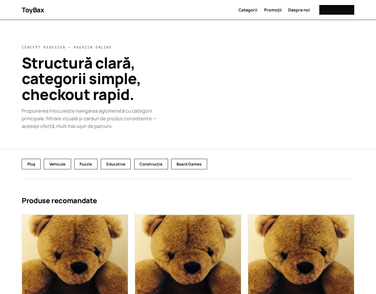 Concept „după” — categorii clare, brand fictiv, poză generică de produs